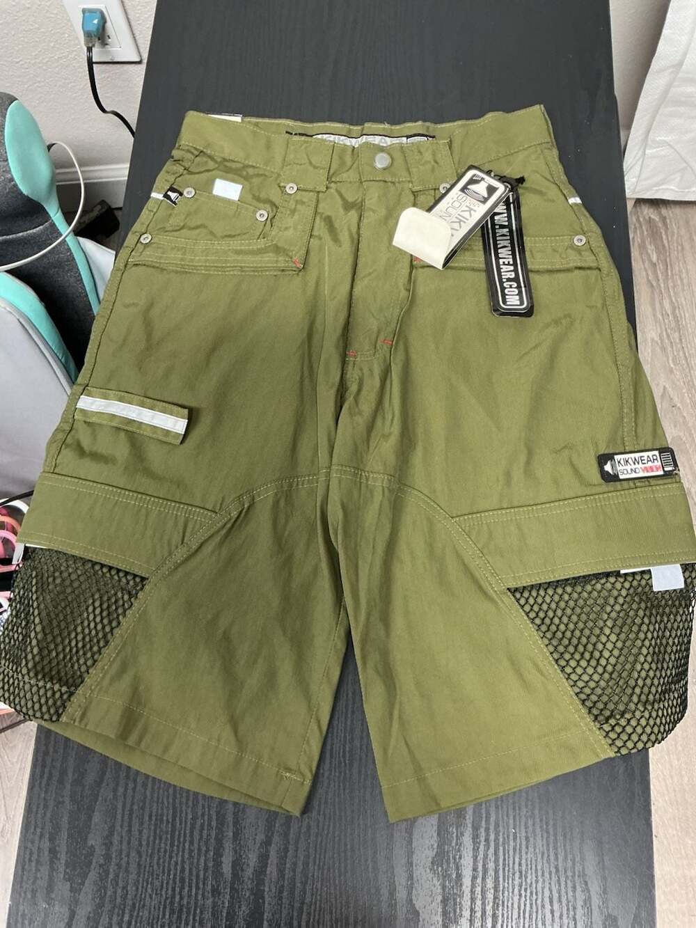 Kikwear Sound Vision Y2K Vintage Olive Nylon Utility Cargo Shorts